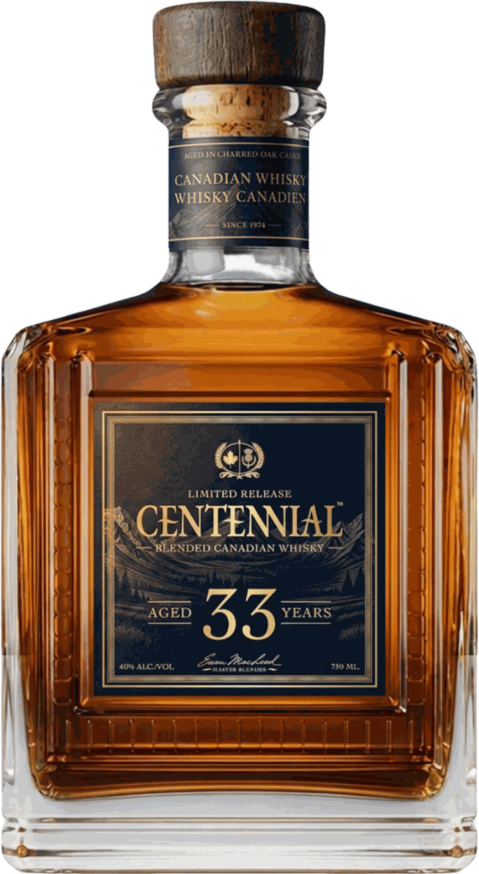 Centennial 33 Year Old Whisky decanter bottle with gold-on-navy label, aged 33 years statement