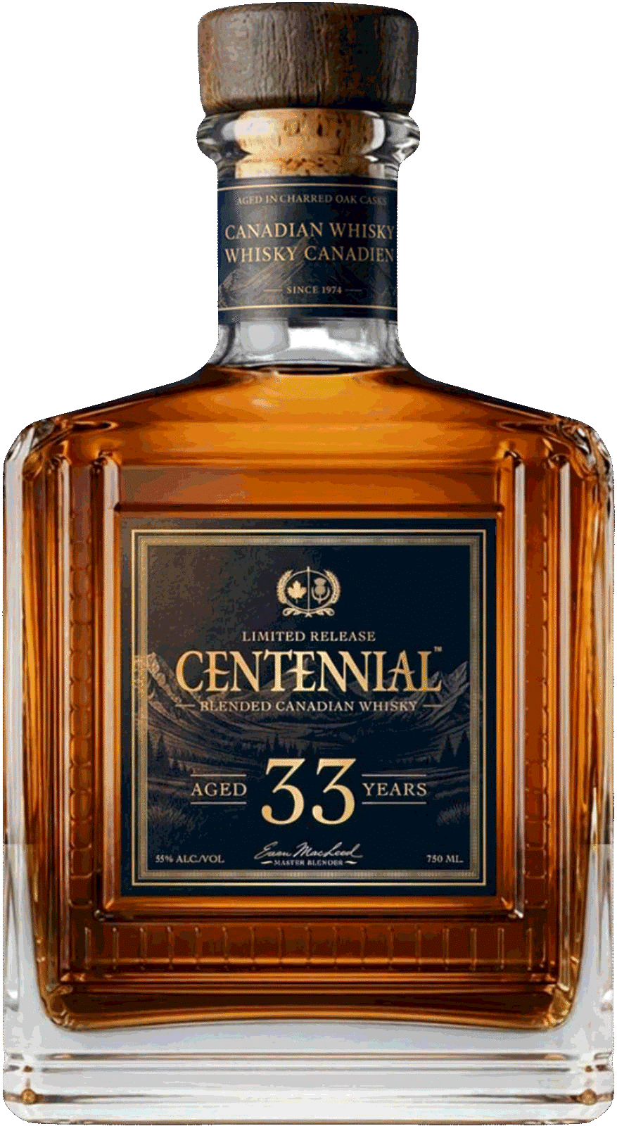 Centennial 33 Year Old Whisky decanter bottle with gold-on-navy label, aged 33 years statement