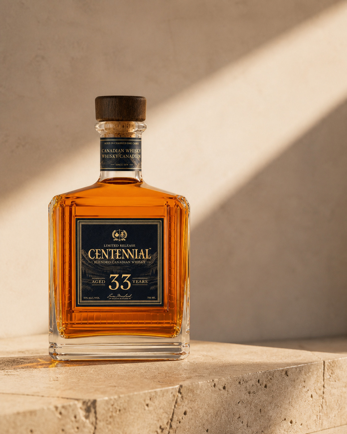 Centennial 33 Year Old Canadian whisky bottle in warm window light